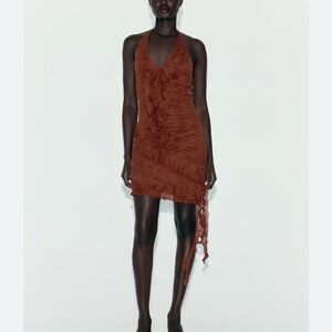 Zara Brown Ruffle Pleated Halter Mini Dress